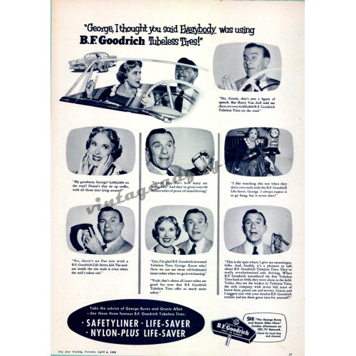 B.F. Goodrich Tires, 1955 ad with George Burns and Gracie Allen